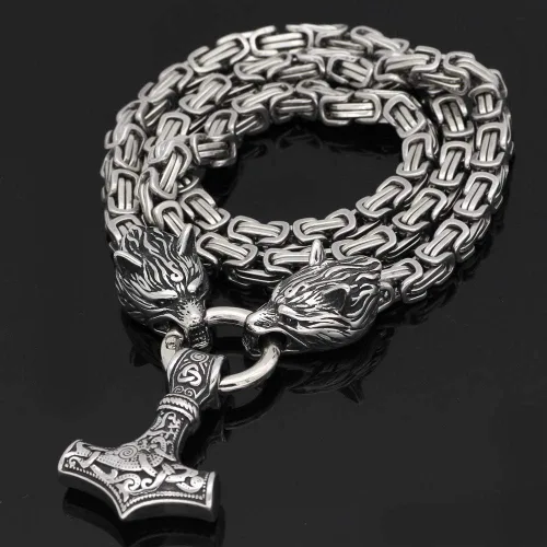Vista 4 de GuoShuang Wolf Head with Thor Mjolnir Pendant Necklace Stainless Steel - King Chain
