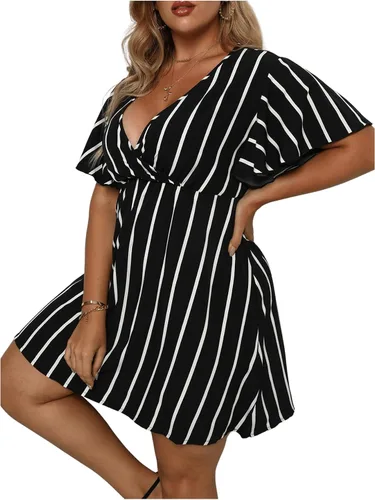 Vista 3 de Floerns - Vestido cruzado para mujer de manga corta con cuello en V, acampanado y estampado de rayas, de talla extragrande