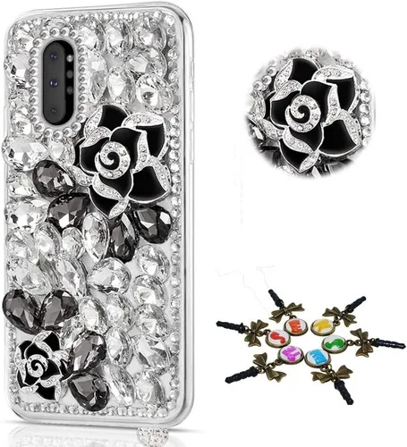 Vista 19 de Sparkle - Funda compatible con Samsung Galaxy A10e - Elegante funda 3D hecha a mano con diamantes de imitación de camelia - Negro