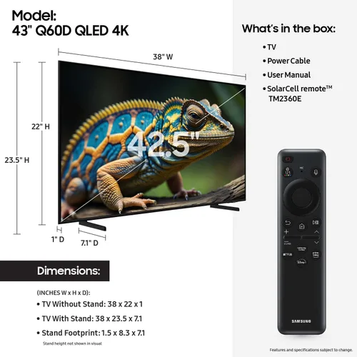 Vista 2 de Samsung - Smart TV QLED 4K de 43 pulgadas de la serie Q60D, Quantum HDR, con Object Tracking Sound Lite, Motion Xcelerator, diseño delgado, Gaming