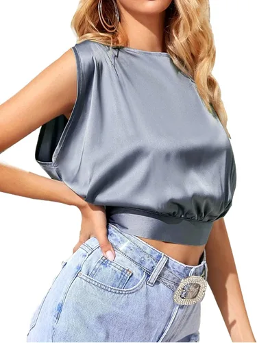 Vista 4 de LYANER Blusa corta de satén sin mangas con cuello bote para mujer