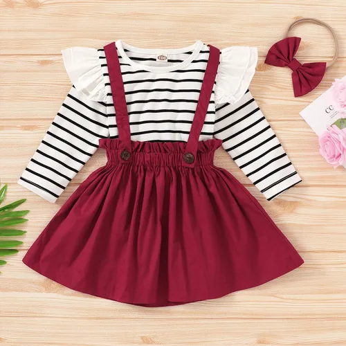 Vista 7 de Conjunto de ropa de bebé de 3 piezas para niñas pequeñas overol floral y falda con correa