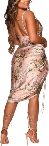 Vista 2 de Vestido fruncido de satén con tirantes delgados, espalda descubierta, cordón de ajuste y corte en dobladillo, vestido de cóctel para fiestas