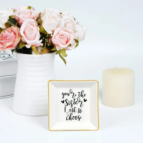 Vista 4 de Regalos para la mejor hermana para mujeres, plato de cerámica para anillos con texto en inglés "You Are the Sister I Got to Choice", bandeja