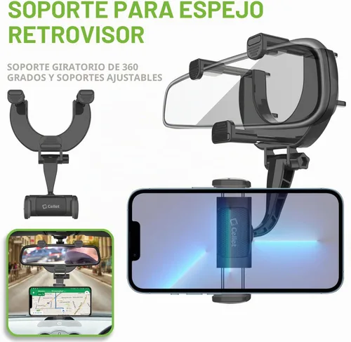 Vista 2 de Cellet Soporte universal para teléfono con espejo retrovisor para vehículo, compatible con iPhone 14 Pro Max Mini SE 13 12 11 XR XS Galaxy Z Flip Z