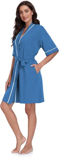 Vista 132 de COLORFULLEAF Bata de baño de manga corta para mujer, 100% algodón, longitud hasta la rodilla, con bolsillos