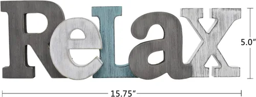 Vista 6 de Letrero decorativo de madera rústica, color verde azulado, letras Relájate