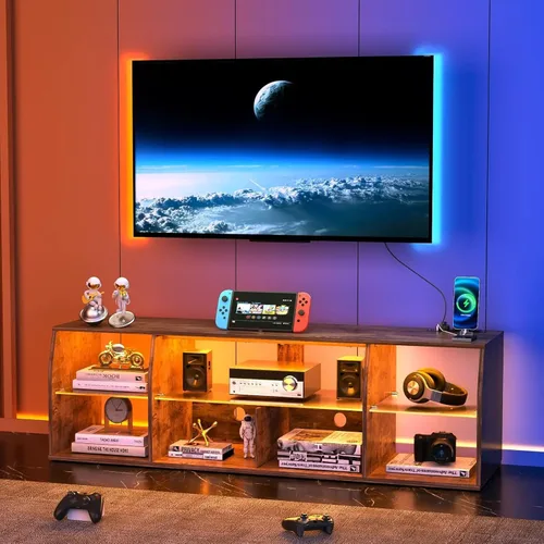 Vista 6 de VECELO Soporte de TV LED para 55 pulgadas, centro de entretenimiento con tomas de corriente, gabinete de televisión industrial para sala de estar