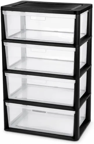 Vista 7 de Cajón de plástico de torre ancha de plástico con cajones extraíbles transparentes, negro (negro, torre ancha de 3 cajones)