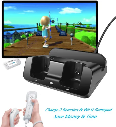 Vista 6 de Wii U Charger Dock Station for Wii Remote & Wii U Gamepad with 2 Rechargeable Batteries Charging Cable Led Indicator -Black