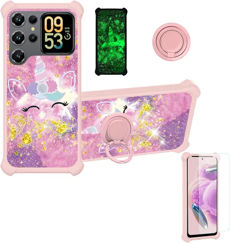Vista 22 de jioeuinly Funda compatible con Oukitel P1 Pro con protector de pantalla de vidrio templado, policarbonato duro + silicona suave, soporte de anillo