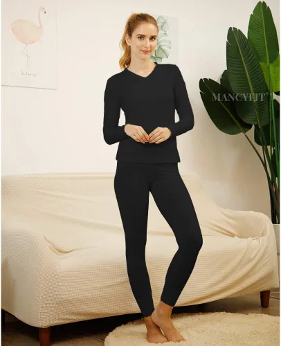 Vista 6 de MANCYFIT Conjunto de ropa interior térmica para mujer con forro polar ultra suave cuello en V