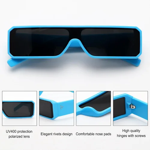 Vista 4 de TYA Gafas de sol pequeñas para mujeres y hombres, futuristas alienígenas, color negro, lentes de sol rectangulares con marco brillante de los años