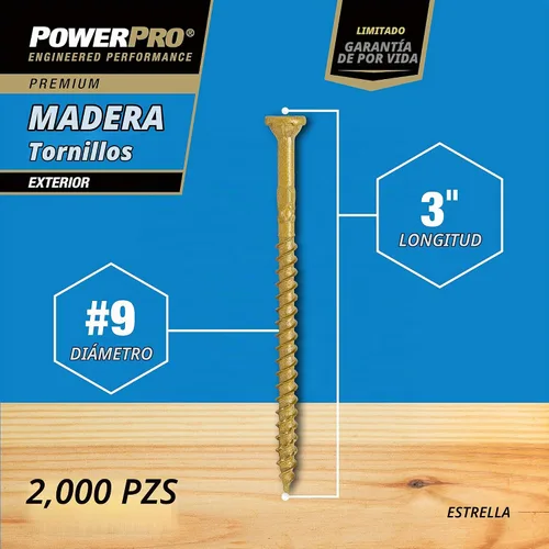 Vista 5 de Power Pro Tornillos para madera para exteriores, cabeza plana #9 x 3