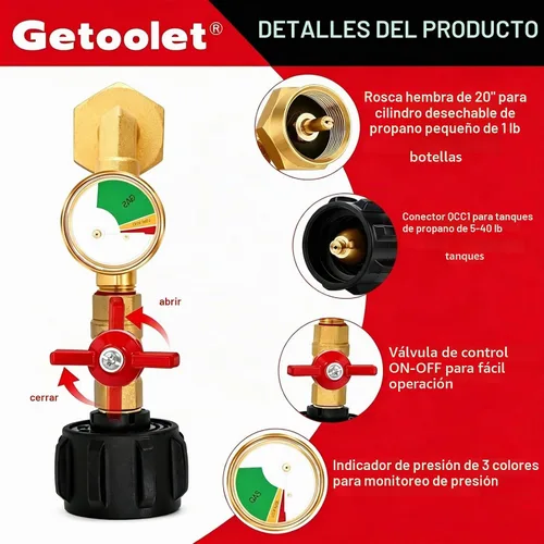 Vista 2 de Adaptador de recarga de propano para tanques de 1 libra, adaptador de codo de recarga de propano con válvula y manómetro, adaptador de propano