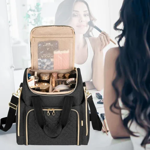 Vista 8 de LUXJA Bolsa de maquillaje Bolsa de cosméticos Bolsas extraíbles, Negro Large Cosmetic Bag with Multiple Storage Sections, 3 Detachable Dividers