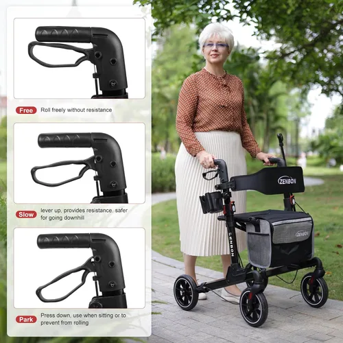 Vista 7 de Andador con ruedas para personas mayores/adultos plegable en dos direcciones con asiento de 330 libras de capacidad, 4 ruedas grandes de 8 pulgadas