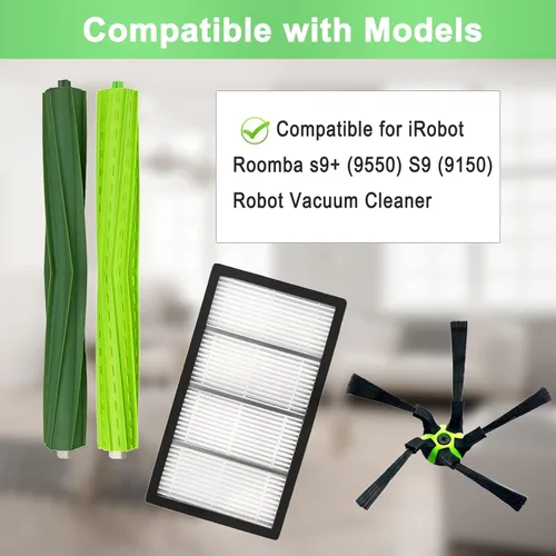 Vista 2 de Paquete de 9 piezas de repuesto Roomba S9 compatibles con iRobot Roomba S9+ (9550) S9 (9150) Robot Aspirador, 1 juego de cepillo de goma, 4 filtros