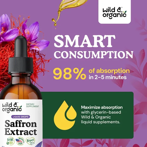 Vista 4 de Wild & Organic Suplementos de azafrán 88.5 mg – Gotas de azafrán para el estado de ánimo, cerebro, apoyo de la visión – Extracto líquido de Crocus