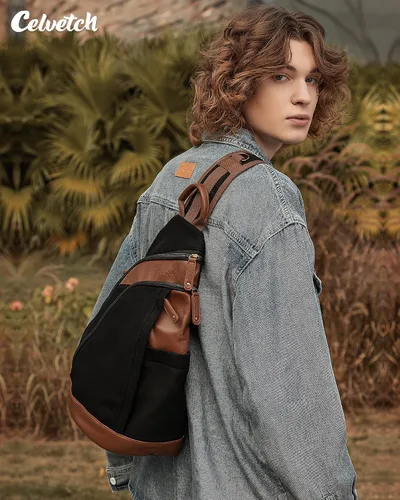 Vista 3 de Celvetch Sling Bag for Men - Canvas Sling Backpack Mens Crossbody Bag Large Shoulder Bag for Work