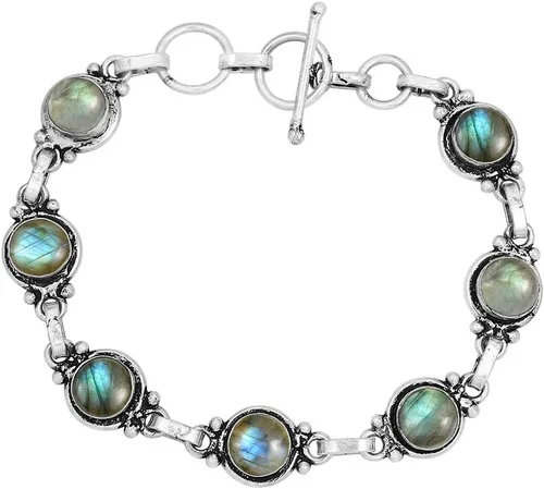 Vista 43 de Round Shape Natural & Synthetic Gemstones Silver Plated Bracelets for Women - Vintage Bohemian Style Handmade Birthstone Adjustable Link Bracelet