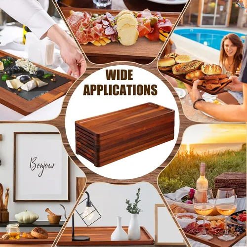 Vista 4 de Skylety Paquete de 15 bandejas de madera maciza para servir grandes de acacia para fiestas, tablero rectangular de charcutería con mango ranurado