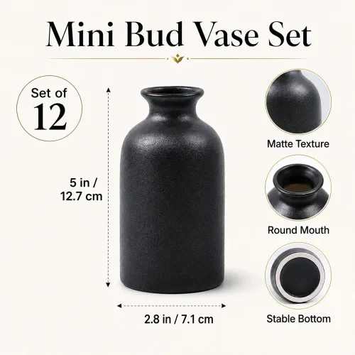 Vista 2 de Black Bud - Juego de 12 jarrones de cerámica negra para flores, pequeño jarrón moderno para decoración de mesa, centro de mesa bohemio