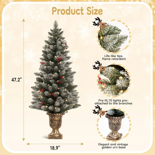 Vista 6 de Decoway Árbol de Navidad de 4 pies preiluminado, mini árboles artificiales con base de maceta dorada, nieve flocada, 70 luces LED blancas cálidas