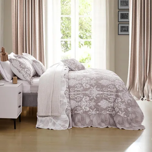 Vista 7 de Edredón extragrande para cama King, diseño de patrón damasco matelasse de jacquard, ligero, reversible, 5 piezas, 100% microfibra, pasta de frijol
