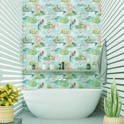 Vista 2 de Tempaper Blue Mermaid Toile - Papel tapiz removible para despegar y pegar, 20.5 pulgadas x 16.5 pies, fabricado en los Estados Unidos, vidrio marino