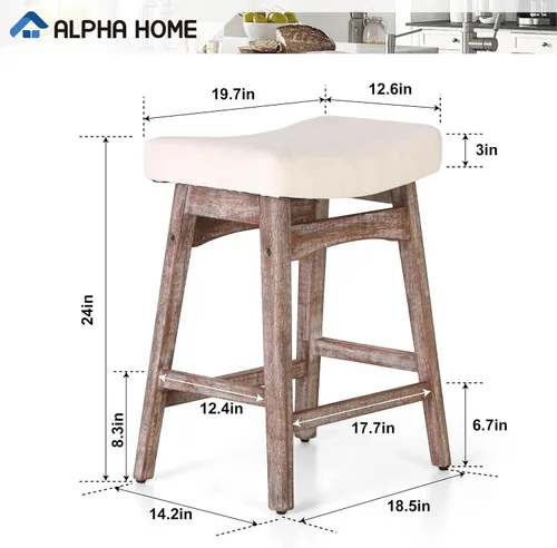 Vista 2 de ALPHA HOME Taburete de bar, taburete de cocina de silla de montar de madera maciza con cojín de tela de lino beige, taburete de bar de altura