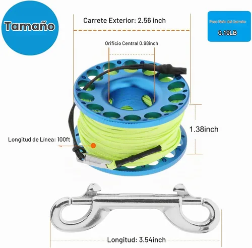 Vista 6 de Buceo con carrete de dedo, equipo de buceo de aluminio con línea de alta visibilidad de 98 pies con clip de perno de doble extremo para buceo, pesca