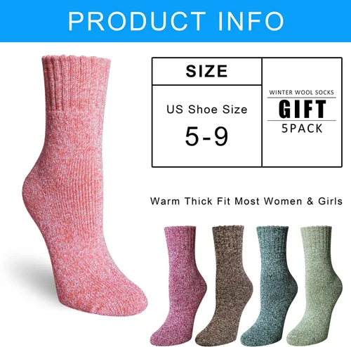 Vista 2 de YSense Pack of 5 Womens Wool Socks Winter Warm Socks Crew Casual Hiking Socks Gifts