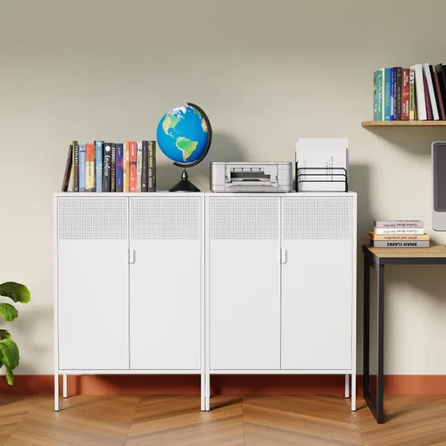 Vista 52 de Gabinete de almacenamiento de metal ancho negro, gabinete de acento de 2 puertas para el hogar y la oficina, gabinete de metal bajo de 2 niveles