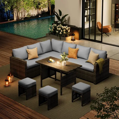 Vista 7 de AECOJOY Juego de muebles de patio al aire libre, 7 piezas de mesa de comedor y sillas seccionales de ratán, sofá de conversación de mimbre para todo