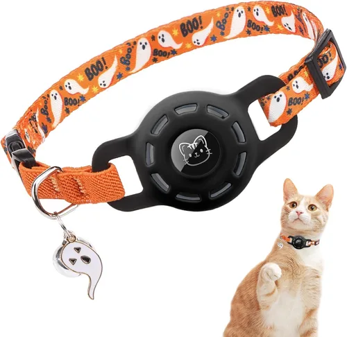 Vista 16 de BINGPET AirTag - Collar de gato con campanas, collar elástico de seguridad mejorado con soporte para collar de gato Airtag, collares de gato