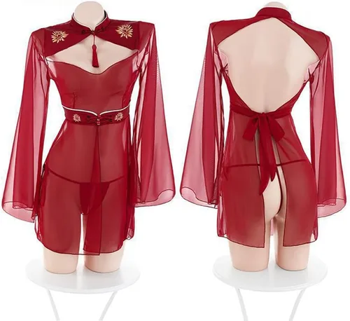 Vista 4 de SINROYEE Lencería sexy de anime para mujer, vestido chino Cheongsam, babydoll Qipao para mujer, mini bodycon con división alta