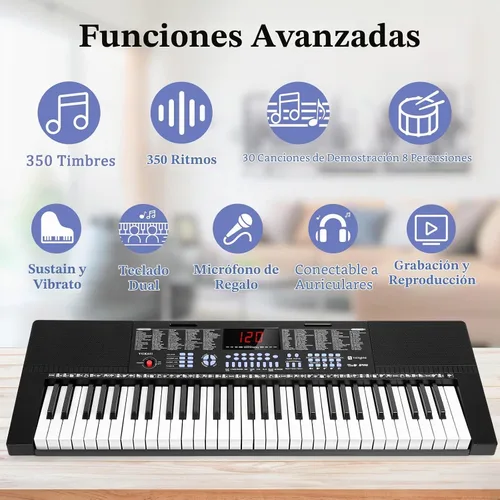 Vista 4 de Vangoa Piano de teclado iluminado de 61 teclas para principiantes, 350 tonos y timbres, 3 modos de enseñanza, con micrófono, negro