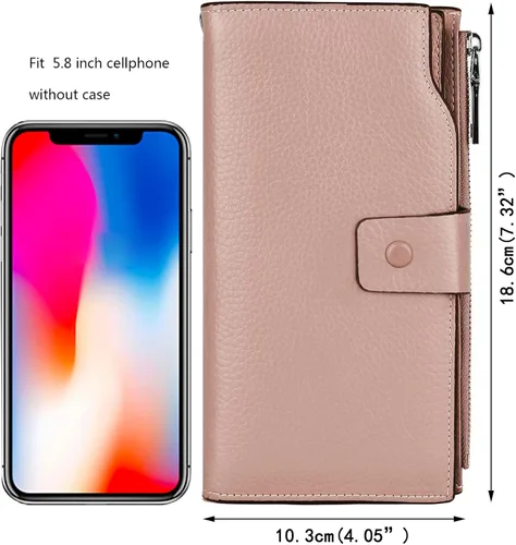 Vista 2 de YALUXE Cartera de piel auténtica para mujer, con bloqueo RFID, tarjetero múltiple con bolsillo para teléfono celular