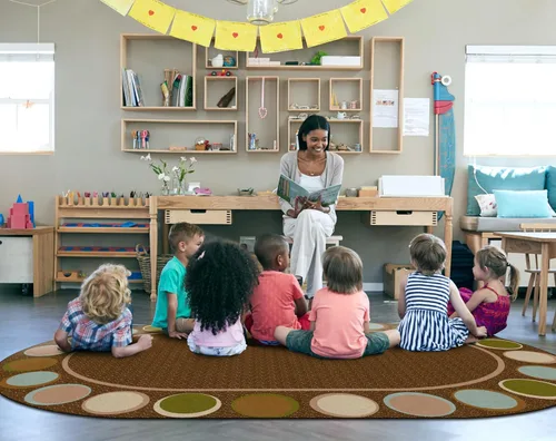 Vista 2 de Flagship Carpets Sitting Spots - Alfombra educativa ovalada para niños y profesores, calidad duradera para escuelas, preescolar, guardería, centros