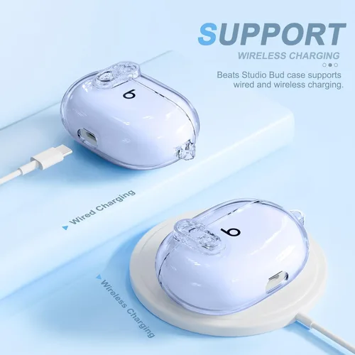 Vista 6 de Compatible con Beats Studio Buds/Studio Buds Plus Funda transparente 2021/2023 con clip de bloqueo para hombre con kit de limpieza, funda protectora