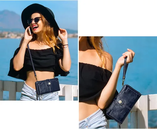 Vista 2 de S-ZONE Billeteras de pulsera para mujer, bolso cruzado para teléfono celular, bloqueo RFID, de cuero vegano, monederos con 2 correas