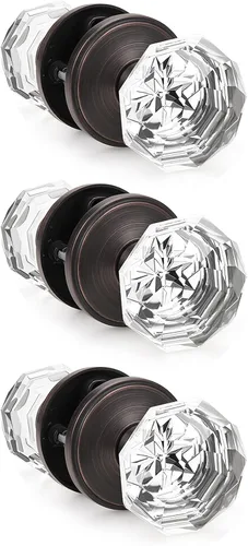 Vista 14 de Gobrico Pomo de puerta de cristal para dormitorio y baño con roseta clásica negro mate, diamante transparente octogonal para puerta interior, 1