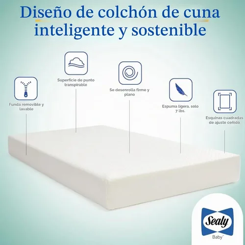 Vista 4 de Colchón de cuna Sealy Baby Butterfly Knit transpirable, certificado GREENGUARD GOLD, hecho en EE.UU., espuma premium, funda lavable y fácil