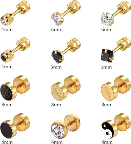 Vista 2 de NEWITIN 12 Pairs Black Earrings for Men Stainless Steel Stud Earrings Set Oro delicado