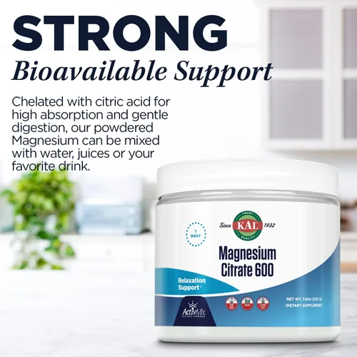 Vista 6 de KAL Citrato de magnesio 600 mg ActivMix polvo instantáneo, suplemento de magnesio para una función muscular saludable, relajación, apoyo nervioso