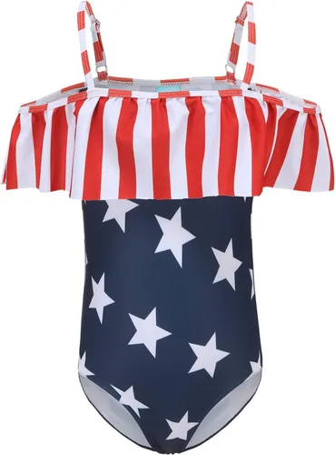 Vista 3 de Trajes de baño de una pieza para niñas, traje de baño con volantes de un hombro Bandera estadounidense 06