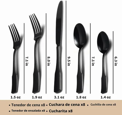 Vista 3 de Alata Kate Black Mirror - Cubiertos de 45 piezas con juego de utensilios para servir utensilios, servicio para 8, cubiertos de acero inoxidable Negro