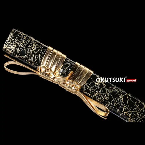 Vista 6 de Espada Katana de hoja nocturna dorada, 41 pulgadas, acero de alto carbono, parte superior afilada, hecha a mano, espada samurái japonesa espiga