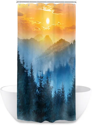Vista 7 de Riyidecor - Cortina para ducha pequeña de montaña, 36 pulgadas de ancho x 72 pulgadas de alto, para RV, azul marino, con diseño de bosque nebuloso
